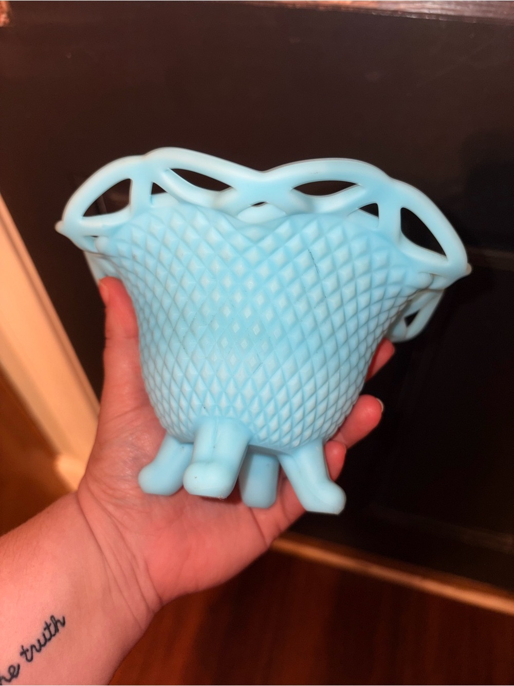 IMPERIAL GLASS COMPANY Blue Lattice Ceramic Decorative Footed Bowl